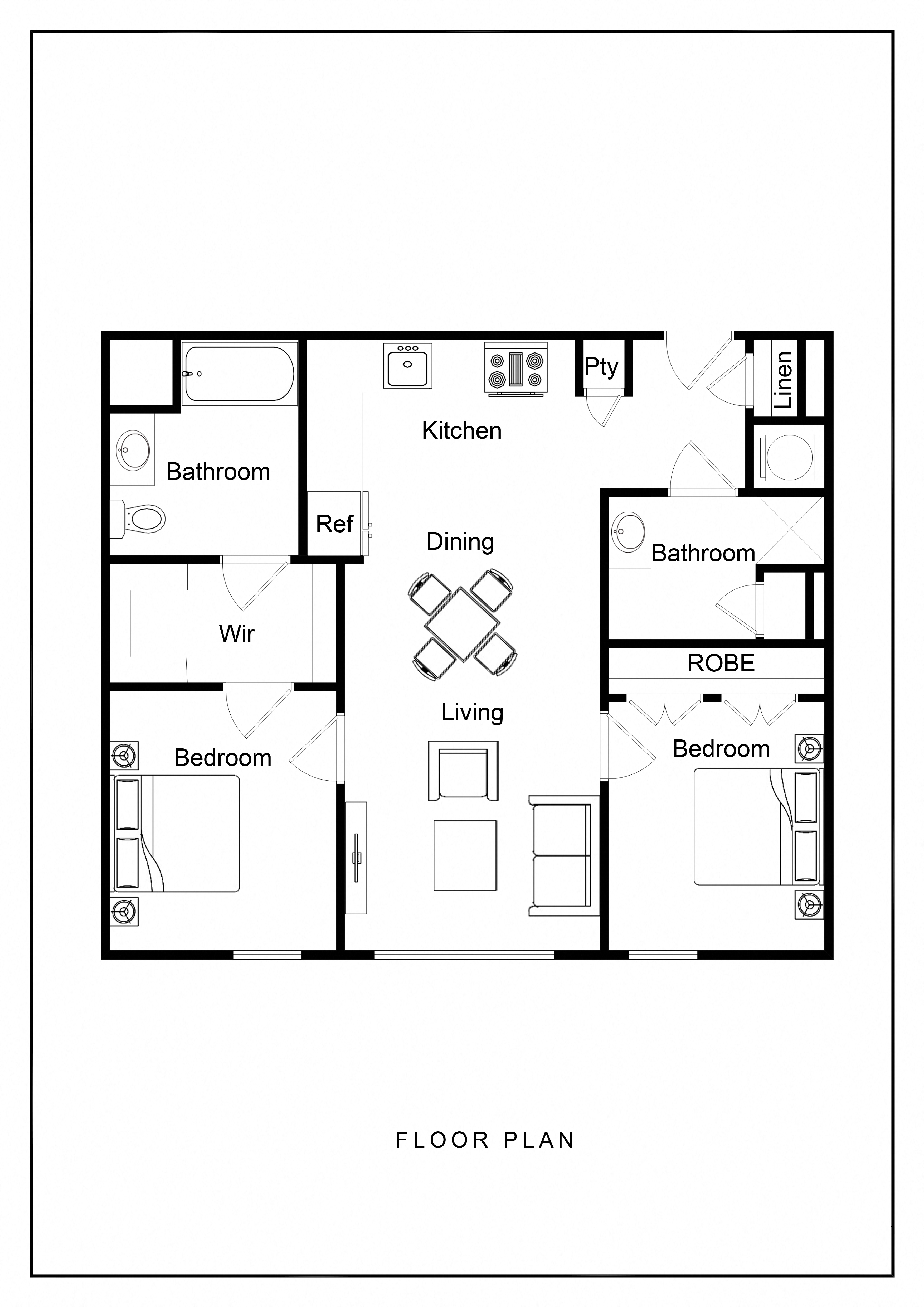 Floor plan for 2 beds, 2 baths, 833 sqft